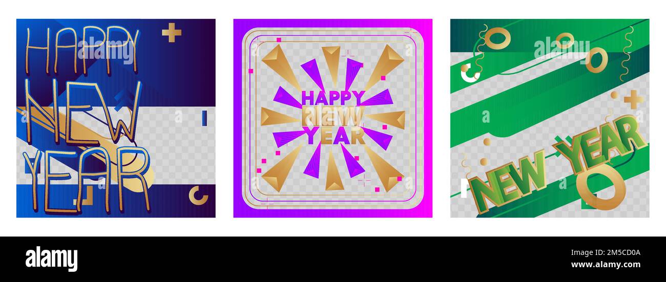 Luxuriöses Deluxe-Posterset „Happy New Year“ mit Vektorgrafiken. Abstrakte elegante Veranstaltungsvorlage für Website, Banner, Buchumschlag, Präsentation. Stock Vektor