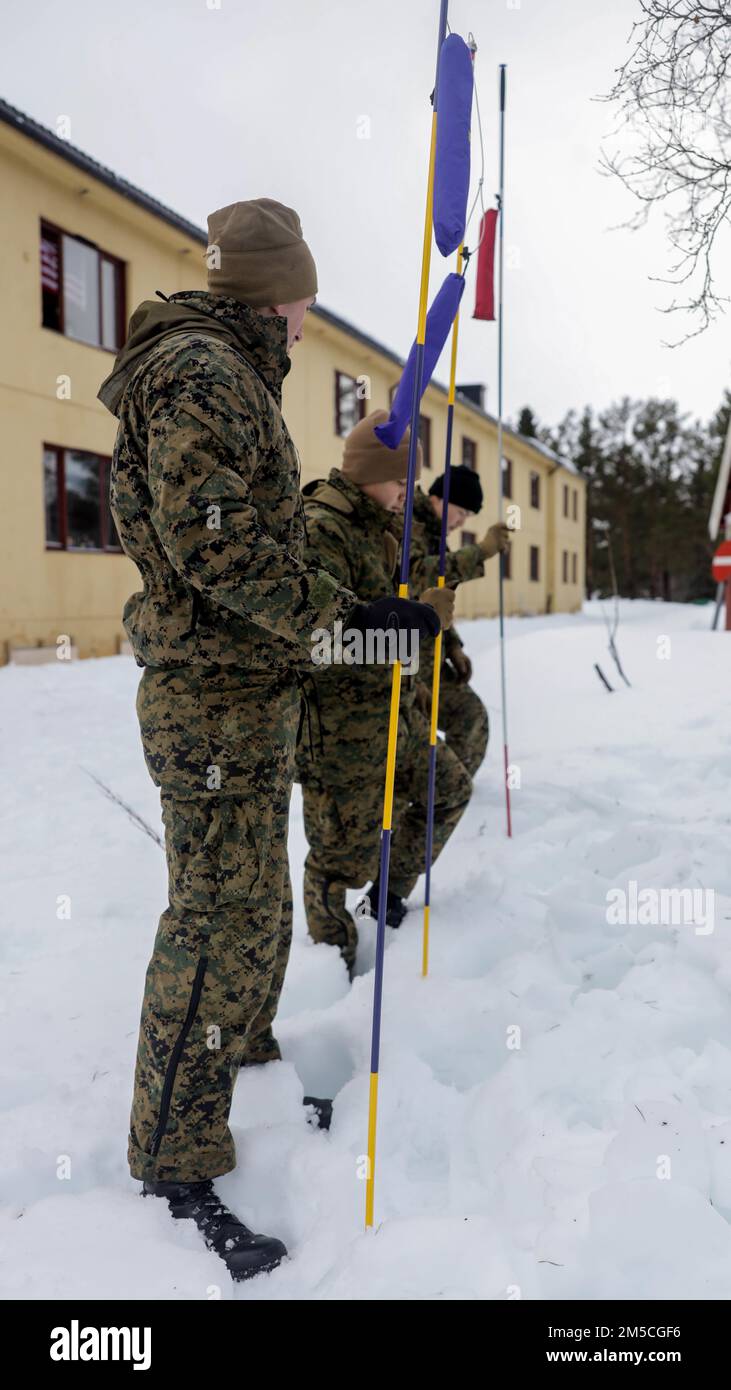 USA Marines with All Domain Effects Team (ADET), 2. Air Naval Gunfire Liaison Company, II Marine Expeditionary Force Information Group (II MIG), führen Sondierungsübungen für eine Lawinenrettung praktische Anwendung vor der Übung Cold Response 2022 in Setermoen, Norwegen, 2. März 2022 durch. ADETs wurden entwickelt, um Funktionen aus II-MIG zu integrieren, um kinetische und nicht-kinetische Brände zu synchronisieren und so Effekte in Luft-, Land-, See-, Weltraum- und Cyber-Domänen zu erzeugen. Übung Cold Response '22 ist eine alle zwei Jahre stattfindende norwegische Übung zur nationalen Bereitschaft und Verteidigung, die in ganz N stattfindet Stockfoto