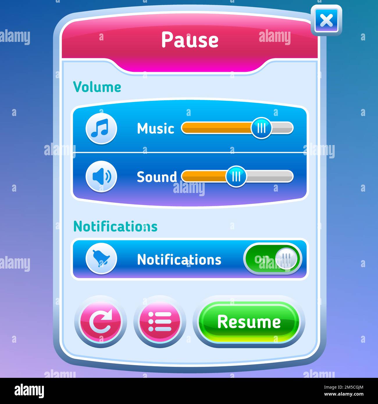 Spiel-UI. Pause-Bildschirm. Vector eps 10. Stock Vektor