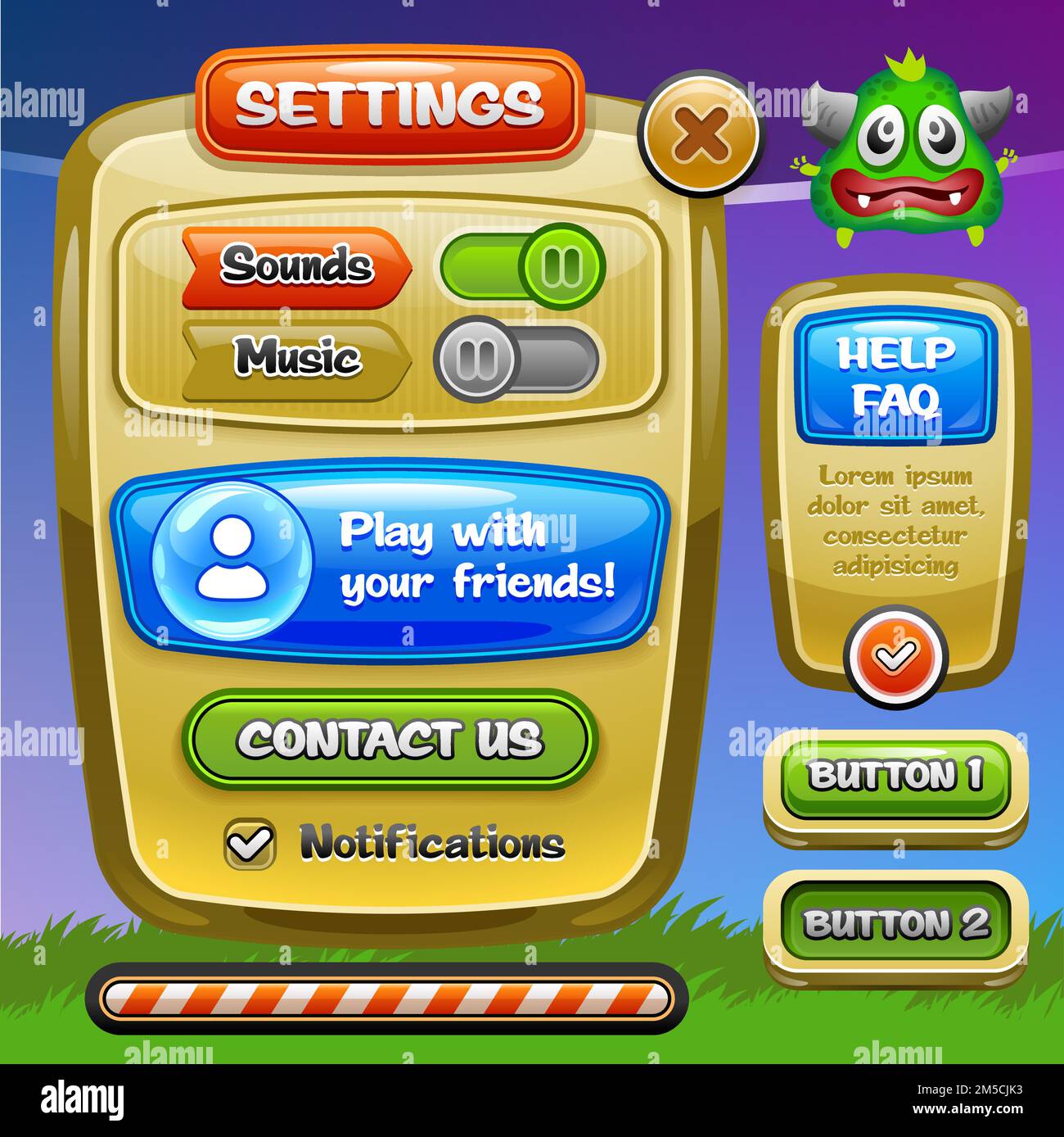 Spiel-UI. Fenster „Einstellungen“. Ein lustiges Comic-Design ui-Spieloptionen-Bedienfeld mit Status- und Level-Leisten. Vector eps 10. Stock Vektor