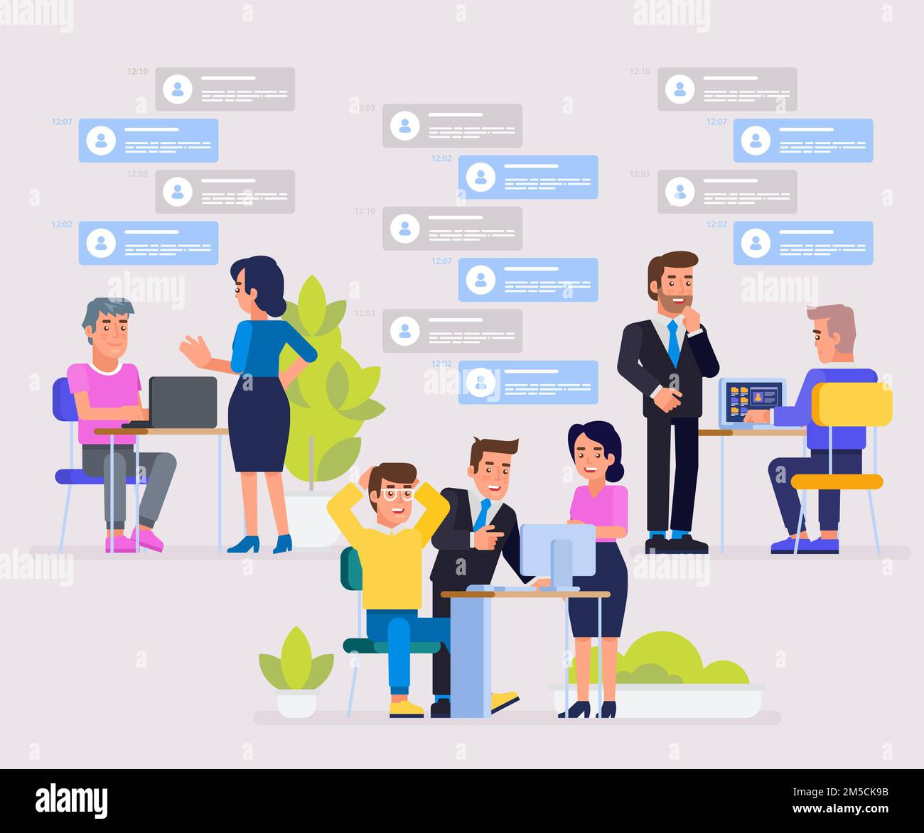 Online-Assistent bei der Arbeit. Zusammenarbeit im Unternehmen. Brainstorming. Werbung im Netzwerk. Manager bei der Remote-Arbeit. Nach neuen Ideen zu suchen Stock Vektor