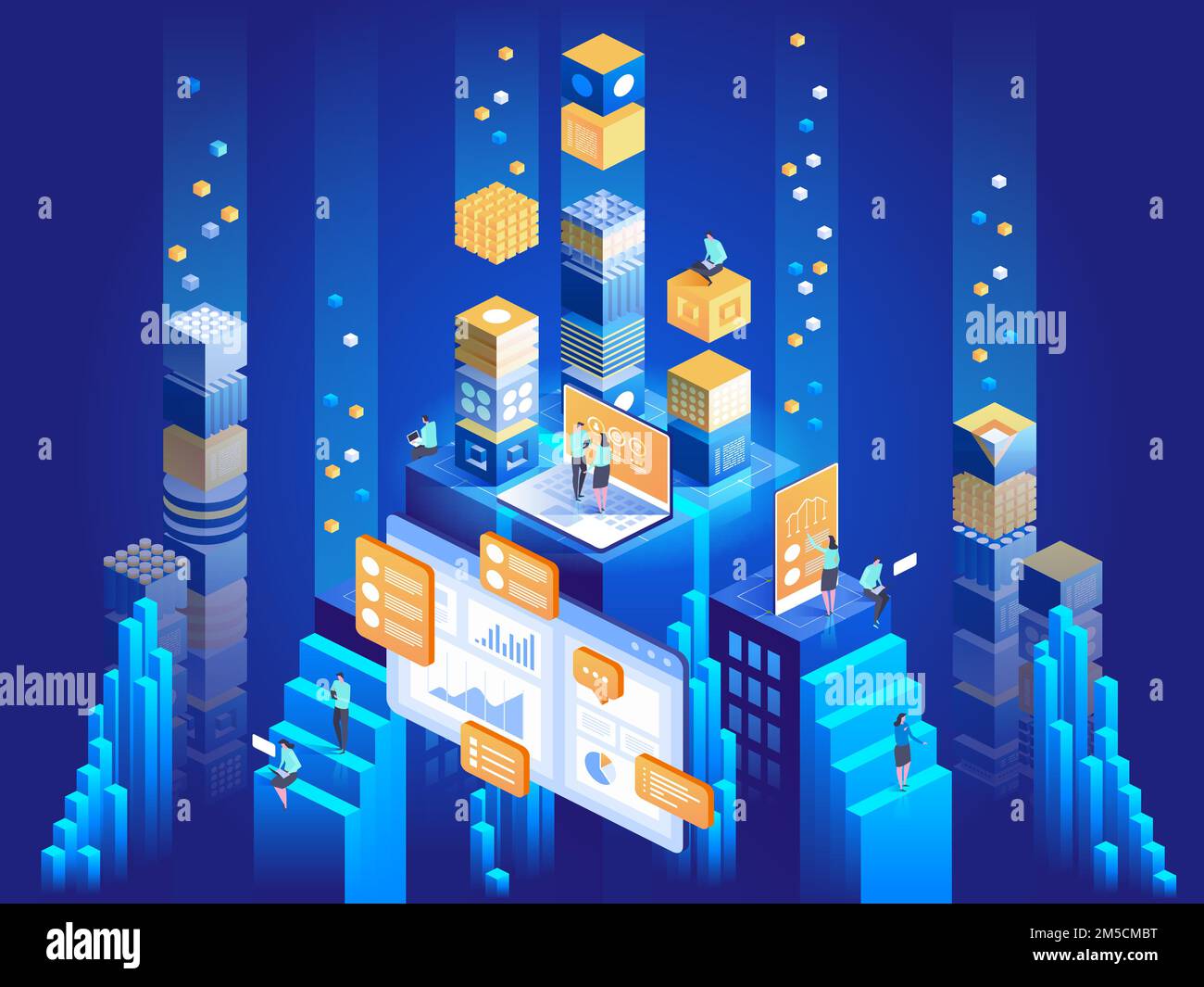 Technologiekonzept für digitales Marketing und App-Entwicklung. Personen, die mit Diagrammen interagieren und Statistiken analysieren. Datenvisualisierung. 3D isometrisch Stock Vektor