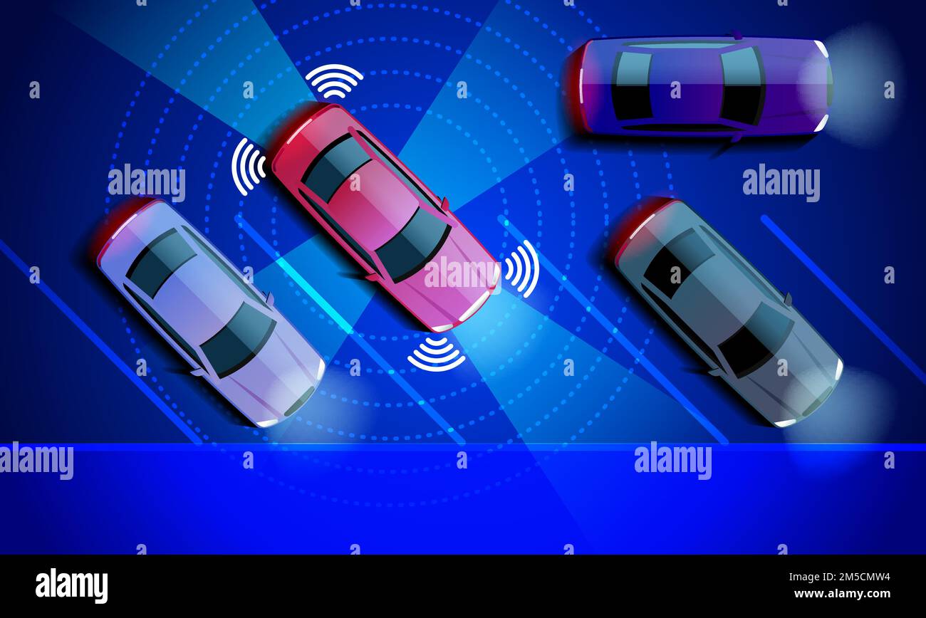 Smart Auto ist auf dem Parkplatz, die Aussicht von oben automatisch geparkt. Parking Assist System Security scannt die Straße. Vektor-Illustration. Stock Vektor