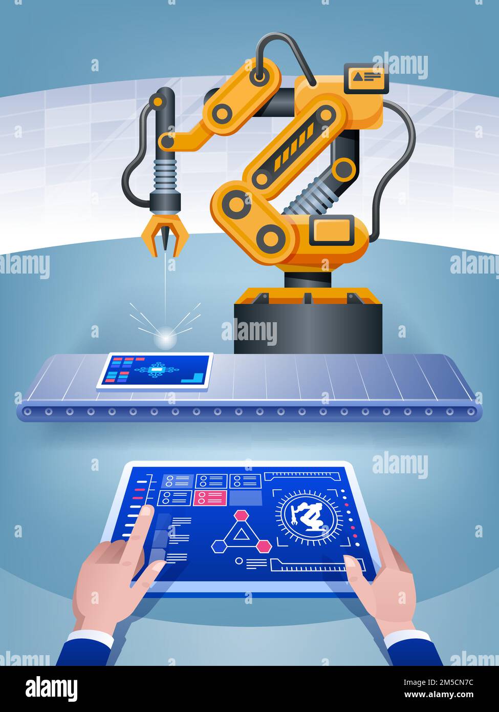 Ein Mann managiert eine intelligente Fabrik mit einem Tablet und künstlicher Intelligenz Stock Vektor