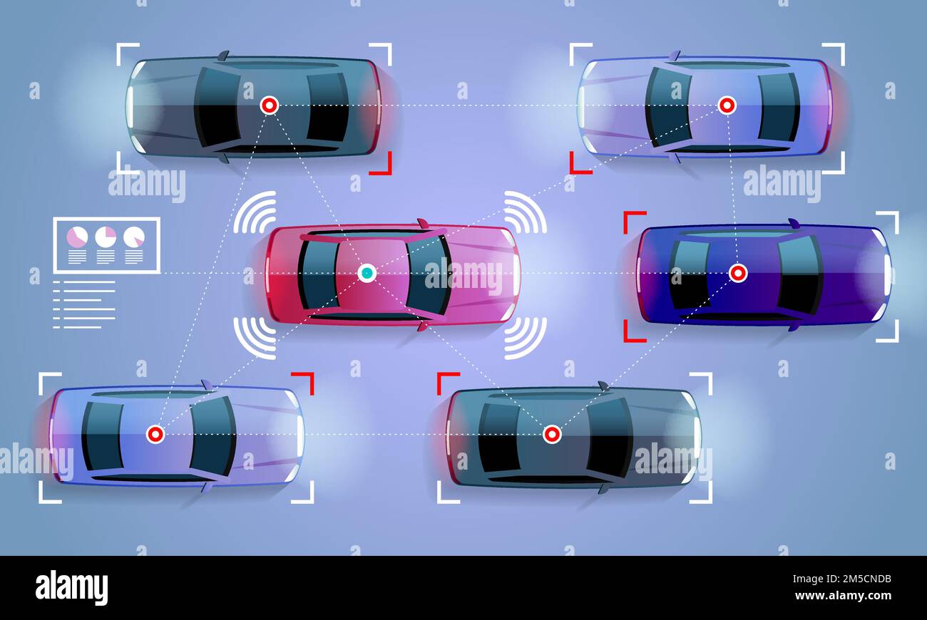 Smart-Car-Konzept Autonomes selbstfahrendes Fahrzeug auf der Stadtstraße Vektordarstellung Stock Vektor