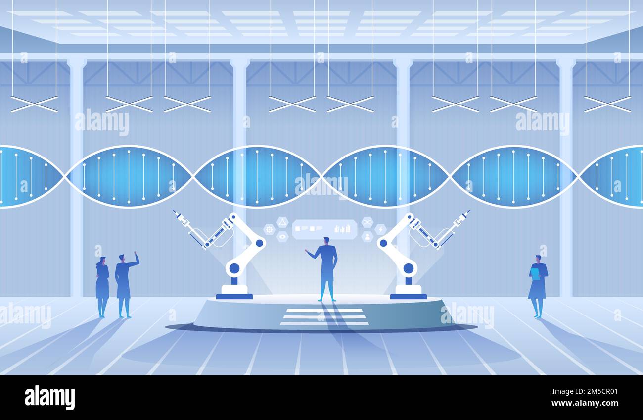 Wissenschaftslabor. Wissenschaftler, Mann und Frau, die in einem Labor forschen. DNA-Moleküle. Vektordarstellung Stock Vektor