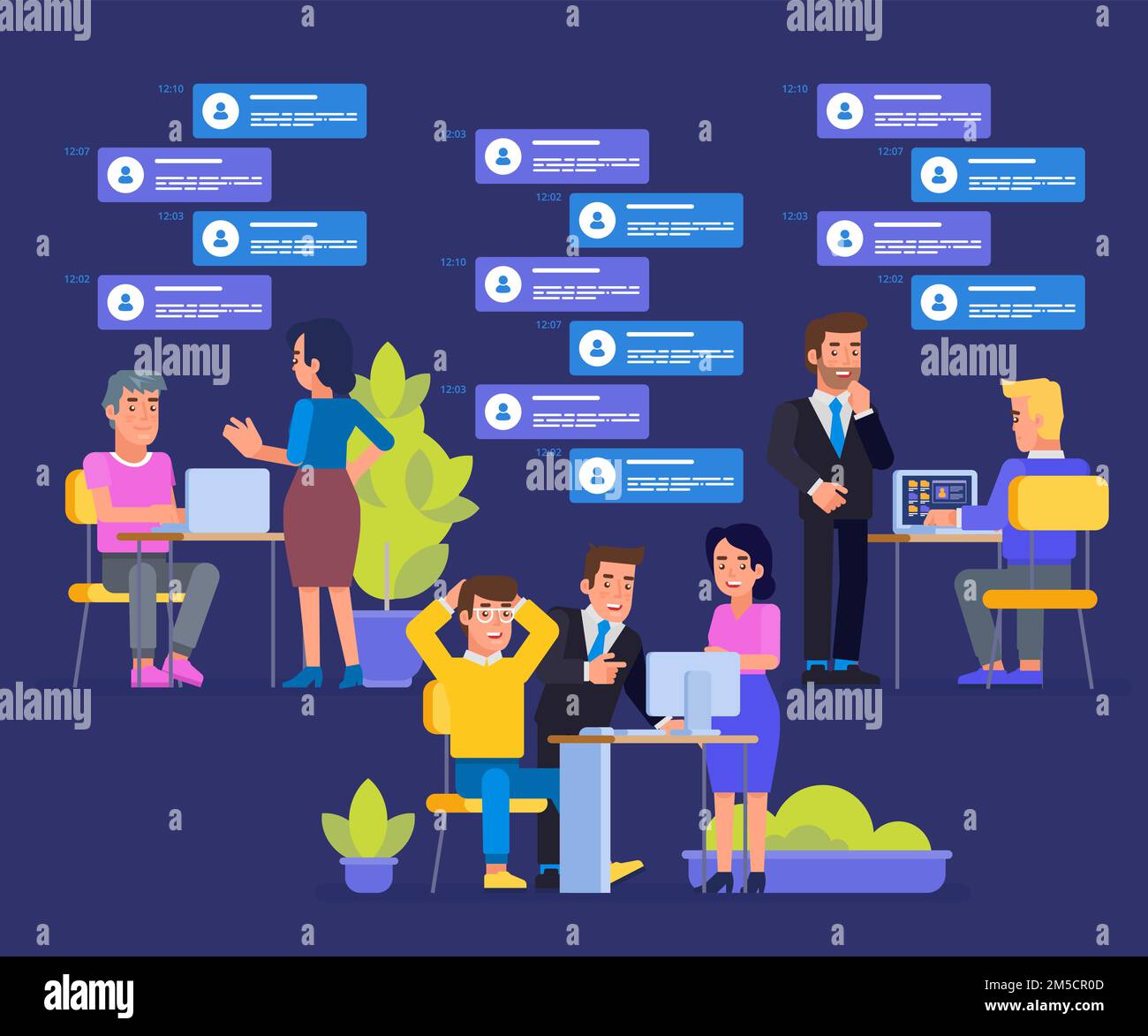 Online-Assistent bei der Arbeit. Zusammenarbeit im Unternehmen. Brainstorming. Werbung im Netzwerk. Manager bei der Remote-Arbeit. Nach neuen Ideen zu suchen Stock Vektor