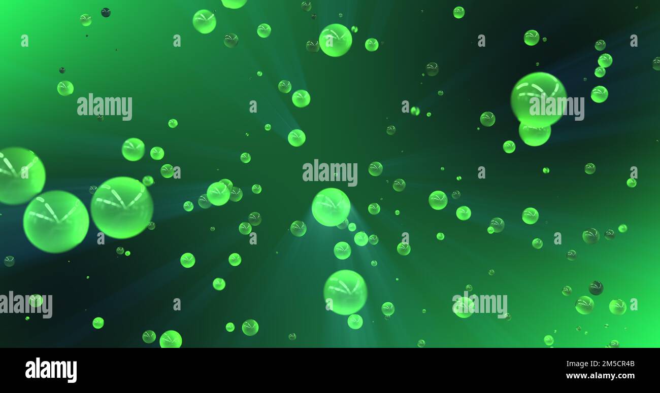 Glänzende grüne Kugeln fliegen durch die Grünflächen. In der Luft suspendierte Flüssigkeitstropfen. 3D-Rendern. Stockfoto
