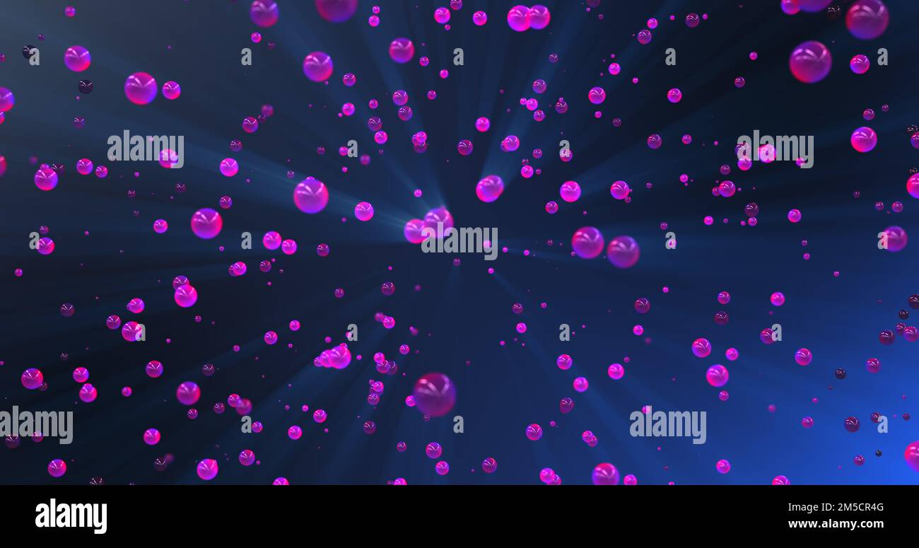 Glänzende lila Kugeln fliegen durch den blauen Raum. In der Luft suspendierte Flüssigkeitstropfen. 3D-Rendern. Stockfoto