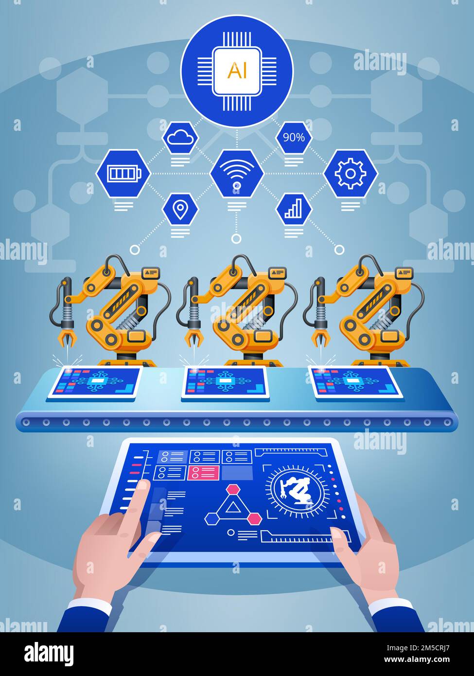 Ingenieur mit Tablet, schwere Automationsroboterarmmaschine in einer intelligenten Fabrik. 4. iot-Konzept der Branche für künstliche Intelligenz. Vektordarstellung Stock Vektor