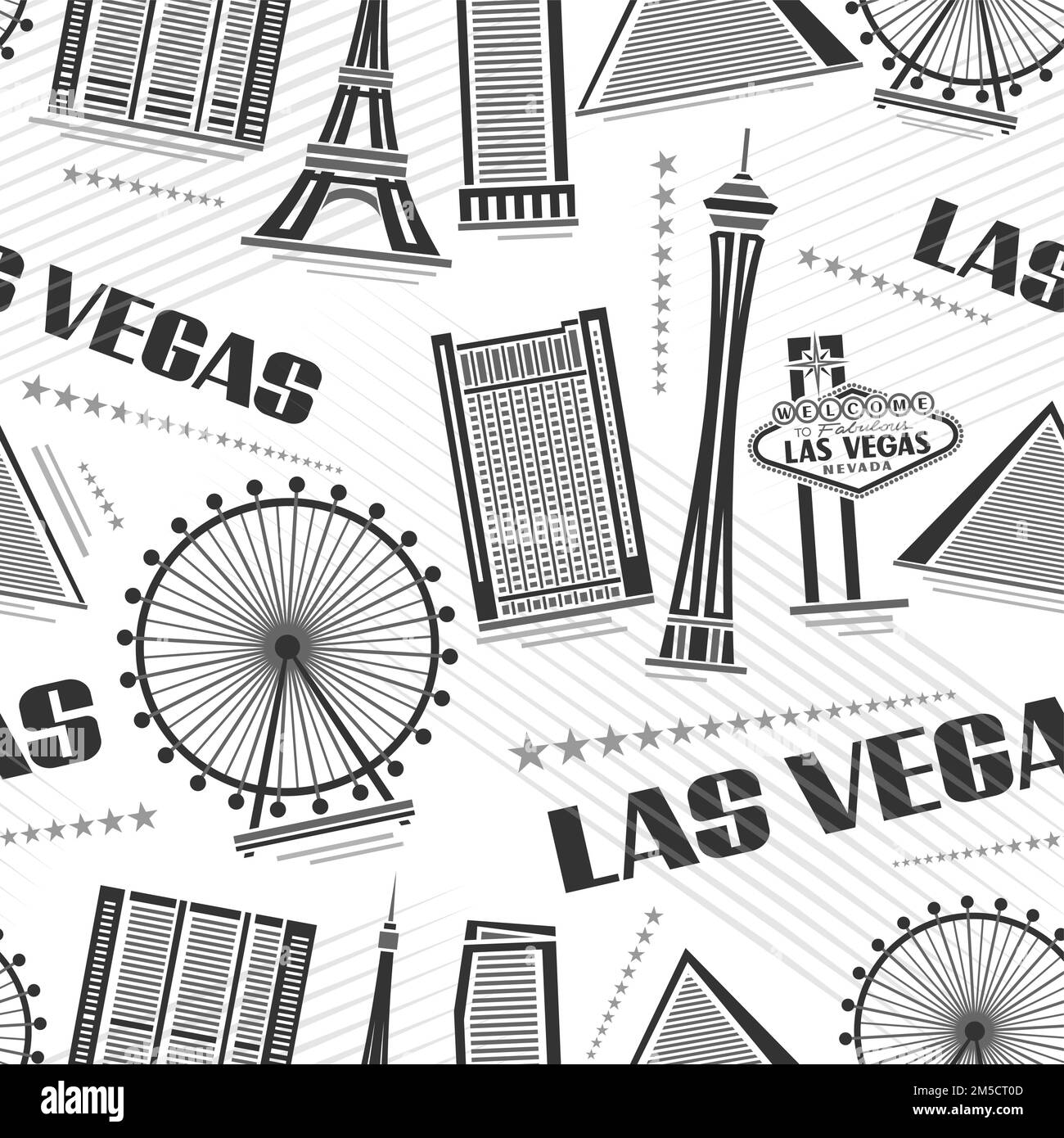 Vector Las Vegas Nahtloses Muster, quadratischer Wiederholhintergrund mit Illustrationen von Gebäuden mit einfachen Konturen auf weißem Hintergrund für Bettwäsche, Monochro Stock Vektor
