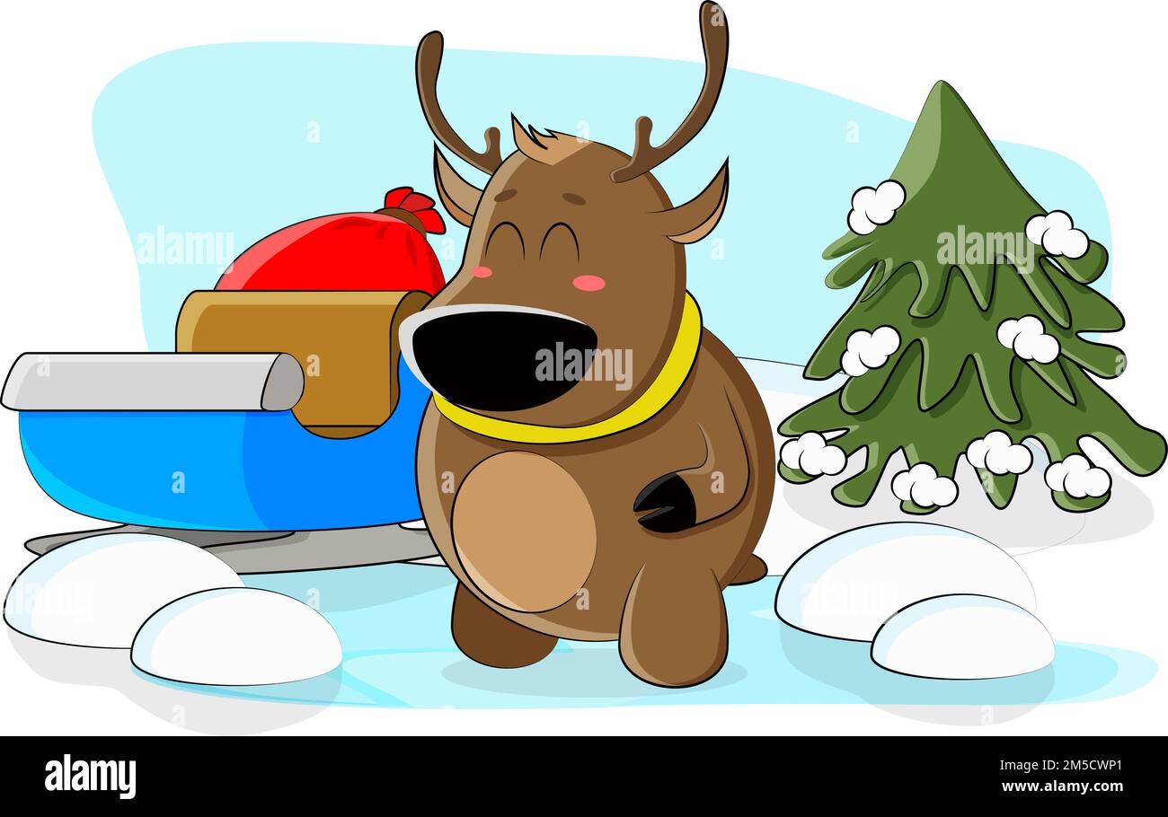 Süßes Reh sammelte einen Schlitten und eine Tasche mit Spielzeug für die Feiertage Stock Vektor
