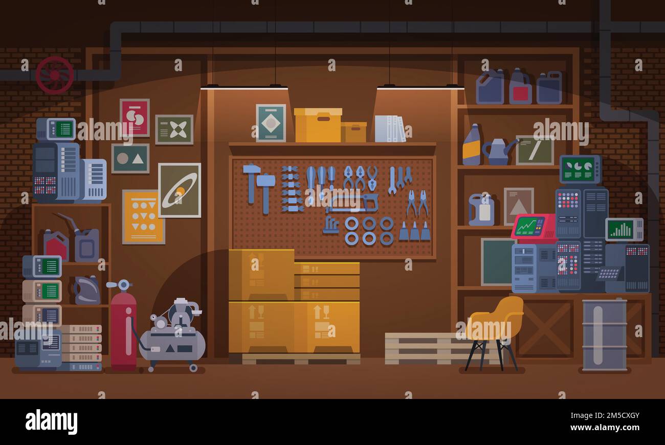 Vektorabbildung für den Workshop im Untergeschoss. Garage oder Keller im Innenbereich mit Mechanikausrüstung. Lagerraum oder Tischlerarbeitsplatz mit Regalen, Stock Vektor