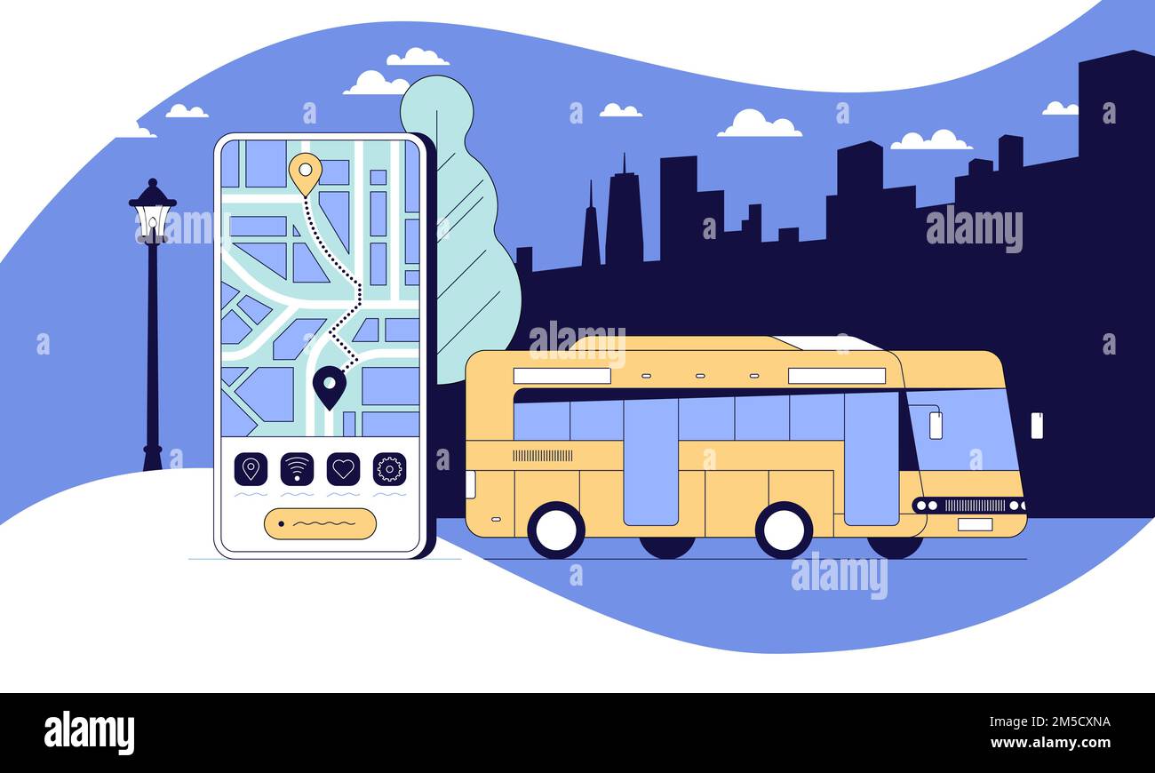 Vektorvorlage für die Ortung des Stadtverkehrs mit Flachbannern. Cartoon-Handy und Autobus-Illustration. Öffentliche Verkehrsmittel und gps-Navigation. Bushaltestelle Stock Vektor