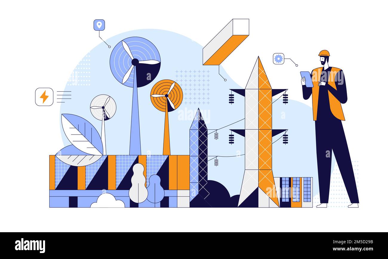 Eco Baustelle Flachvektordarstellung. Umweltfreundliches Gebäude. Innovative ökologische Technologie. Techniker beim Green-City-Projekt Stock Vektor