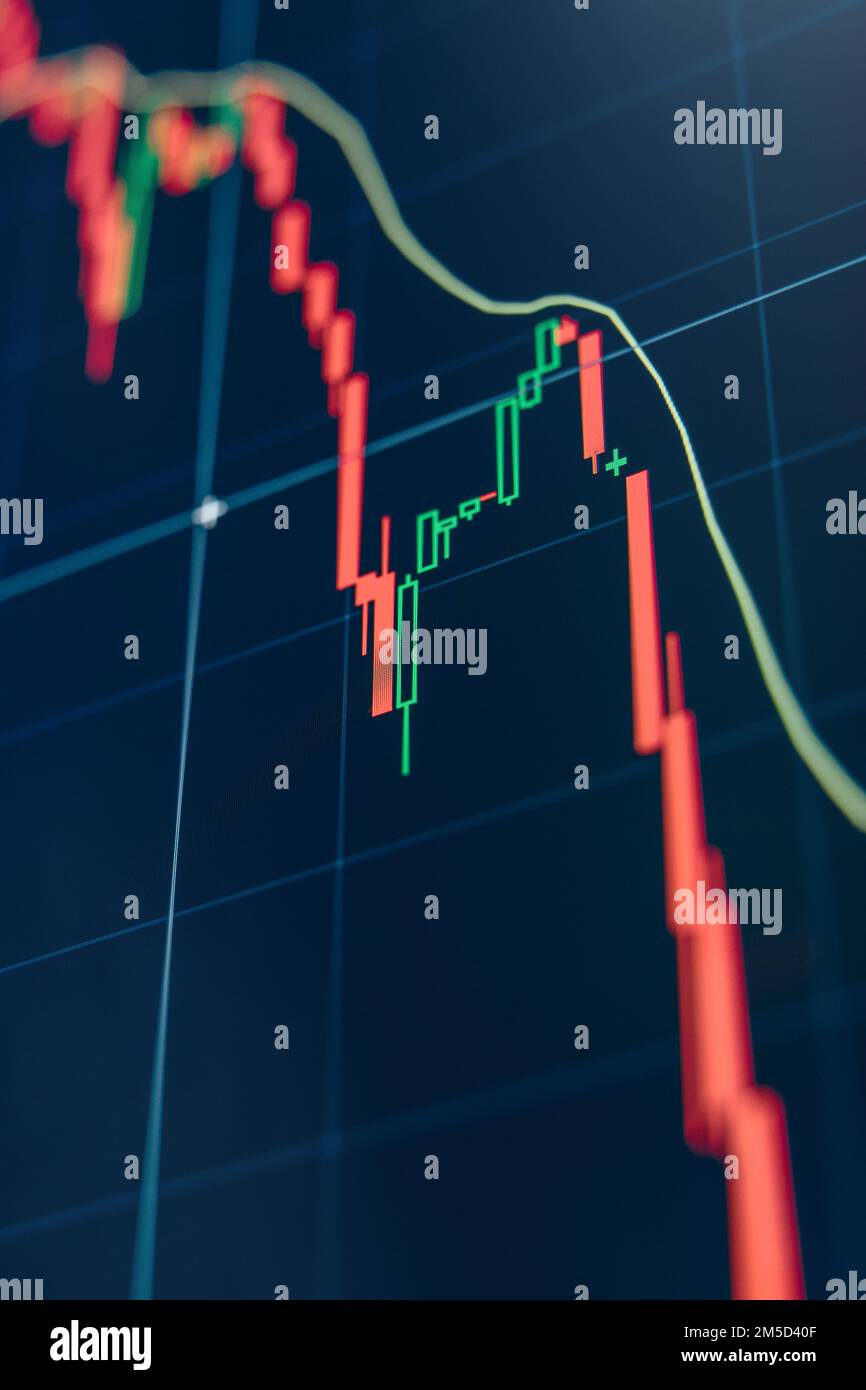Digitales Aktiendiagramm mit abnehmendem rotem Kerzenhalter. Kryptopreisverfall aufgrund von Panikverkäufen durch Anleger und Händler, die auf negative Nachrichten reagieren Stockfoto