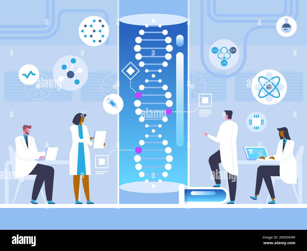 Humangenomstudie Flachvektordarstellung. Kollegen, Ärzte, Wissenschaftler, Zeichentrickfiguren. Gentechnik-Labor, wissenschaftliche Forschung. F Stock Vektor Humangenomstudie Flachvektordarstellung. Kollegen, Ärzte, Wissenschaftler, Zeichentrickfiguren. Gentechnik-Labor, wissenschaftliche Forschung. F Stock Vektor