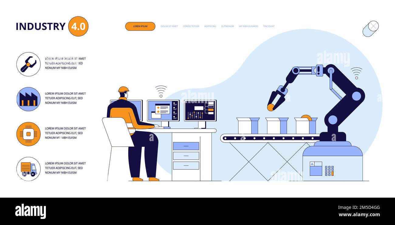 Landing Page Vektor Design der Fabrik Produktion Roboter Industrie 4.0 . Einfach zu bearbeiten und anzupassen. Modernes flaches Design Konzept von Webseite, Webseite, hom Stock Vektor