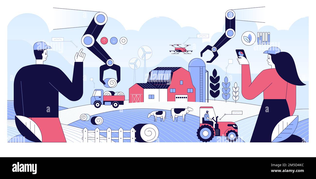 Futuristische Technologien in der Agrarindustrie. Intelligente Landwirtschaft. Drahtlose Steuerungsanlagen, die wachsen, Drohnen, Windmühlen, Solarpaneele, landwirtschaftliche Automatisierung und Stock Vektor