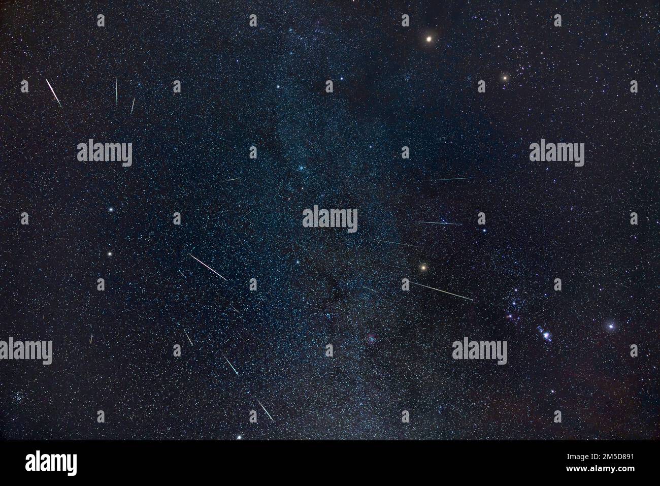 Der Zwilling-Meteoritenschauer von 2022, der den strahlenden Punkt in Zwilling auf der linken Seite zeigt, über Castor und Pollux. Orion ist unten rechts. Der Mars im Taurus ist bei Stockfoto