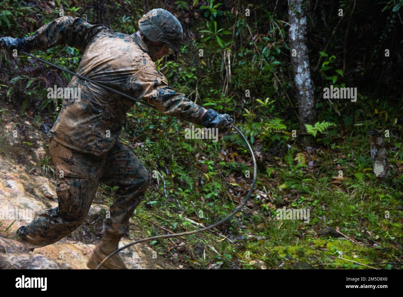 EIN US-AMERIKANISCHER Marine mit 3. Marine Expeditionary Brigade, rast eine Klippe hinunter und stößt während eines Ausdauerkurses im Jungle Warfare Training Center, 3. März 2022, in Camp Gonsalves, Okinawa, Japan. Während des Kurses lernten Marines, wie sie im Dschungel durchqueren, überleben und gedeihen. (Marinekorps Foto von CPL. Zachary Sarvey) Stockfoto