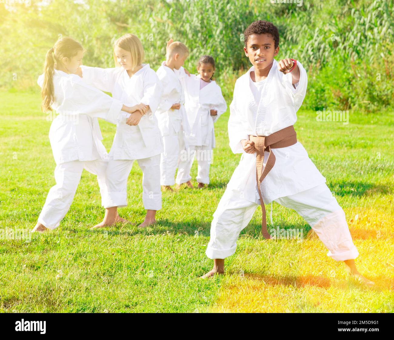 afroamerikanischer Schuljunge, der Karate mit Freunden im Park übt Stockfoto