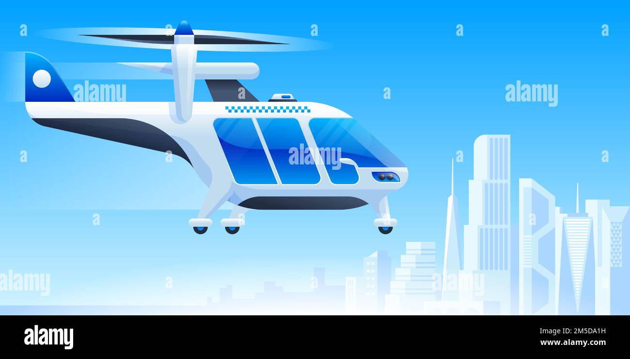 Futuristische Air-Taxi-Flachvektordarstellung. Drohne für selbstfahrenden Beifahrer, fahrerloses Fahrzeug. Stadtverkehr, Stadtverkehr. Auslieferung im Flugkabine Stock Vektor