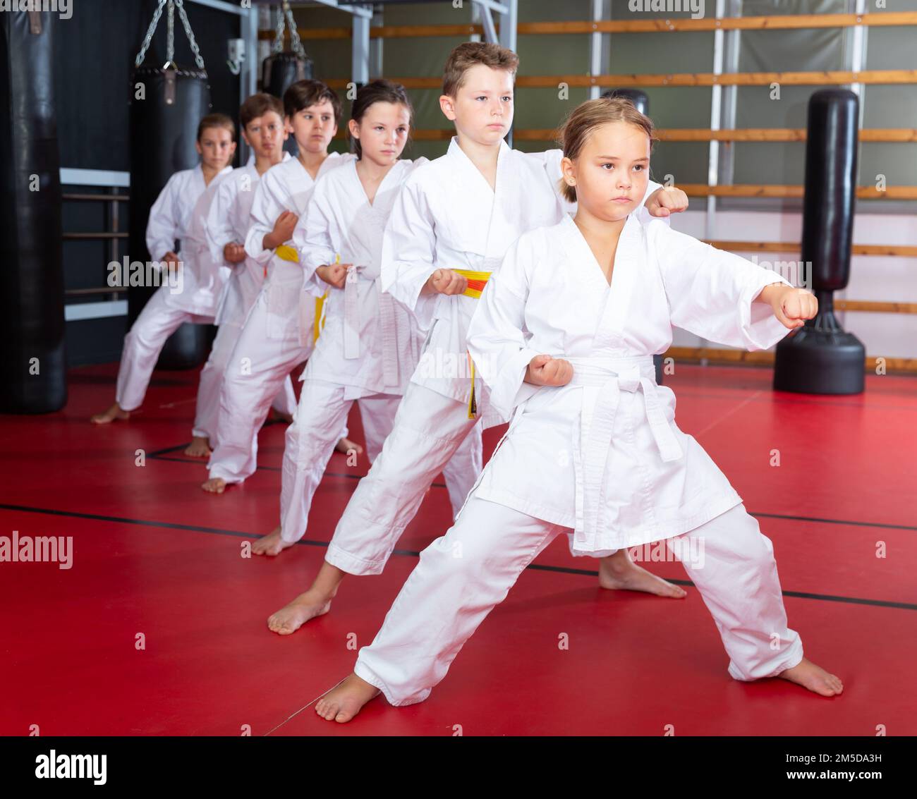 Kinder posieren zusammen und üben Karate-Bewegungen Stockfoto