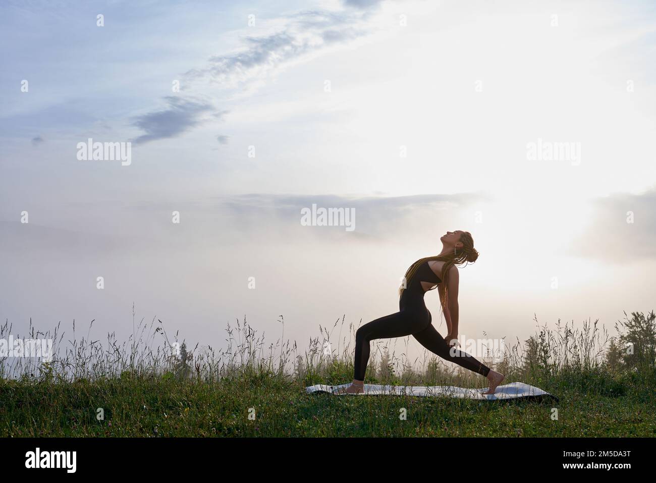 Junge sportliche Frau mit geflochtenem Haar, die sich am Morgen in den Sommerbergen trainiert. Menschenkonzept, Training und gesunde Lebensweise. Stockfoto