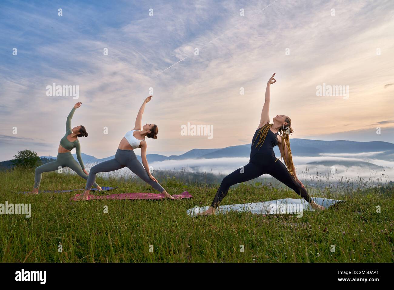 Gesunde und sportliche drei Frauen dehnen den Körper auf Yoga-Matte während des Sommertags im Freien. Weibliche Freunde in der Sportkleidung trainieren zusammen in wunderschönen Bergen. Stockfoto