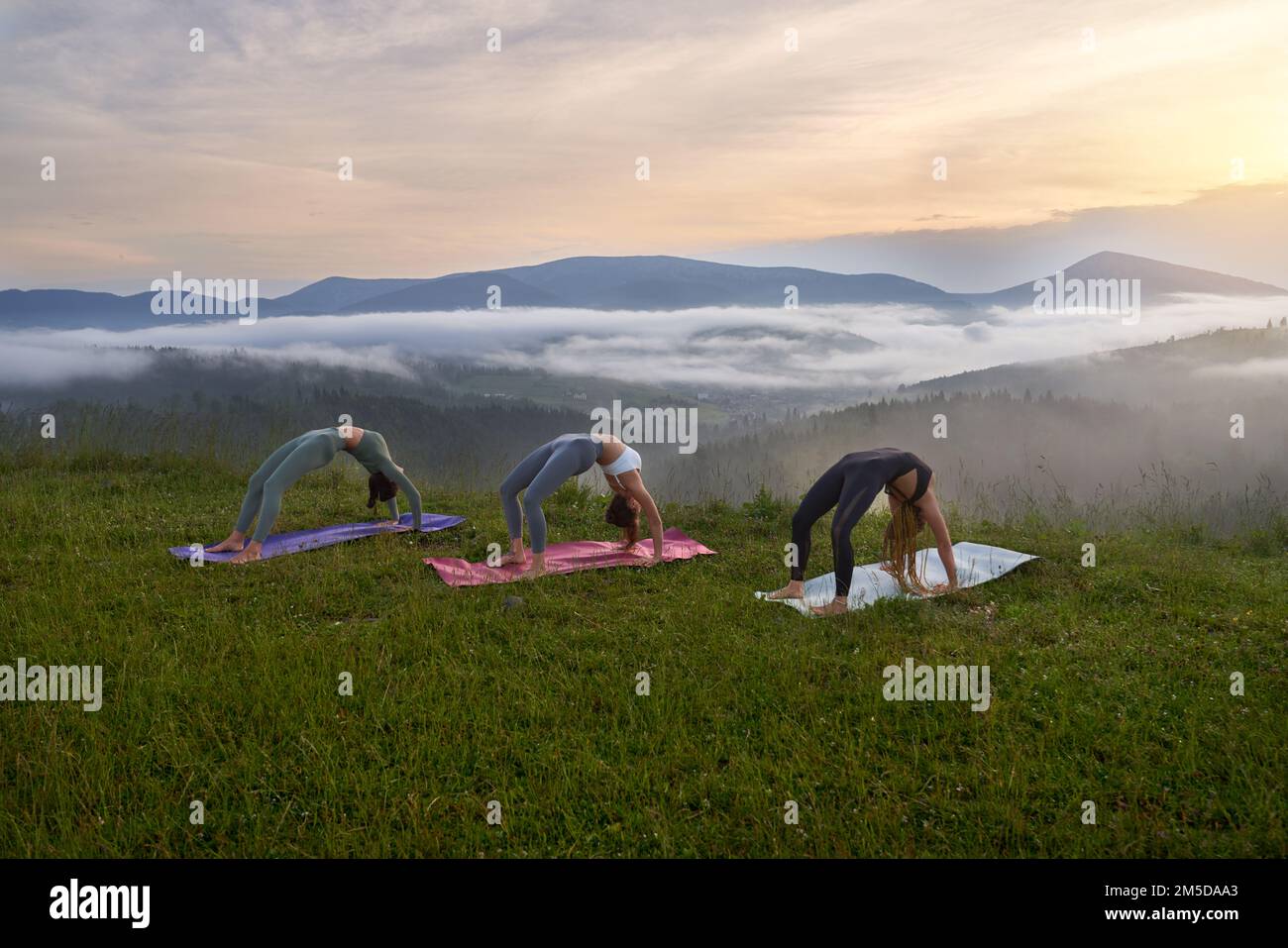 Gesunde Passform Frauen in Sportkleidung Stretching Körper auf Yoga-Matte inmitten der wunderschönen Sommerberge. Drei junge Damen verbringen Freizeit für Aktivitäten im Freien. Stockfoto