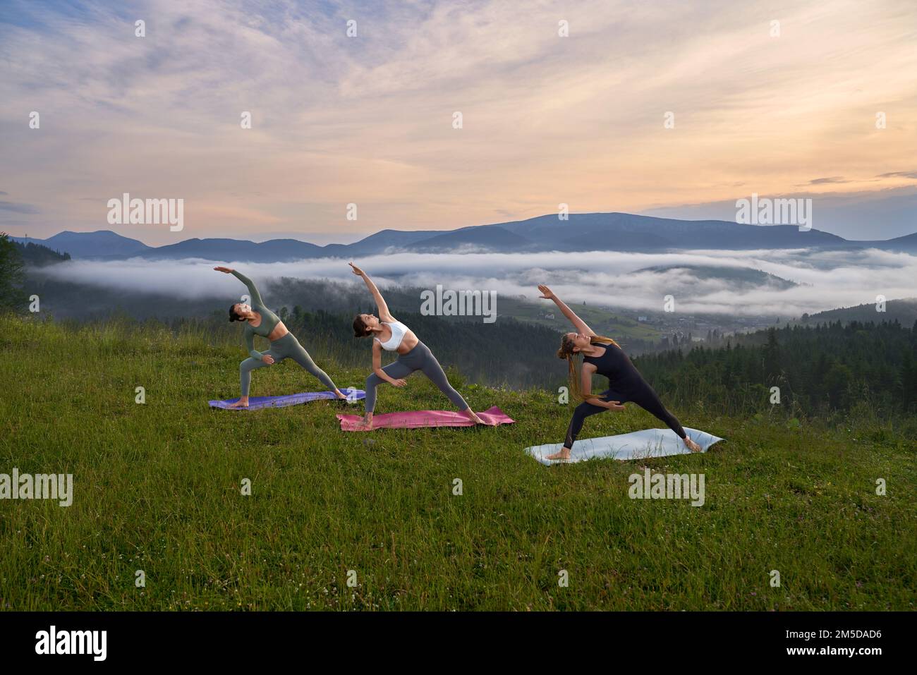 Eine Gruppe junger Freundinnen in Sportkleidung, die den Sommertag zum Yoga-Training in den grünen Bergen verbringen. Konzept von Menschen, Körperpflege und Outdoor-Aktivität. Stockfoto