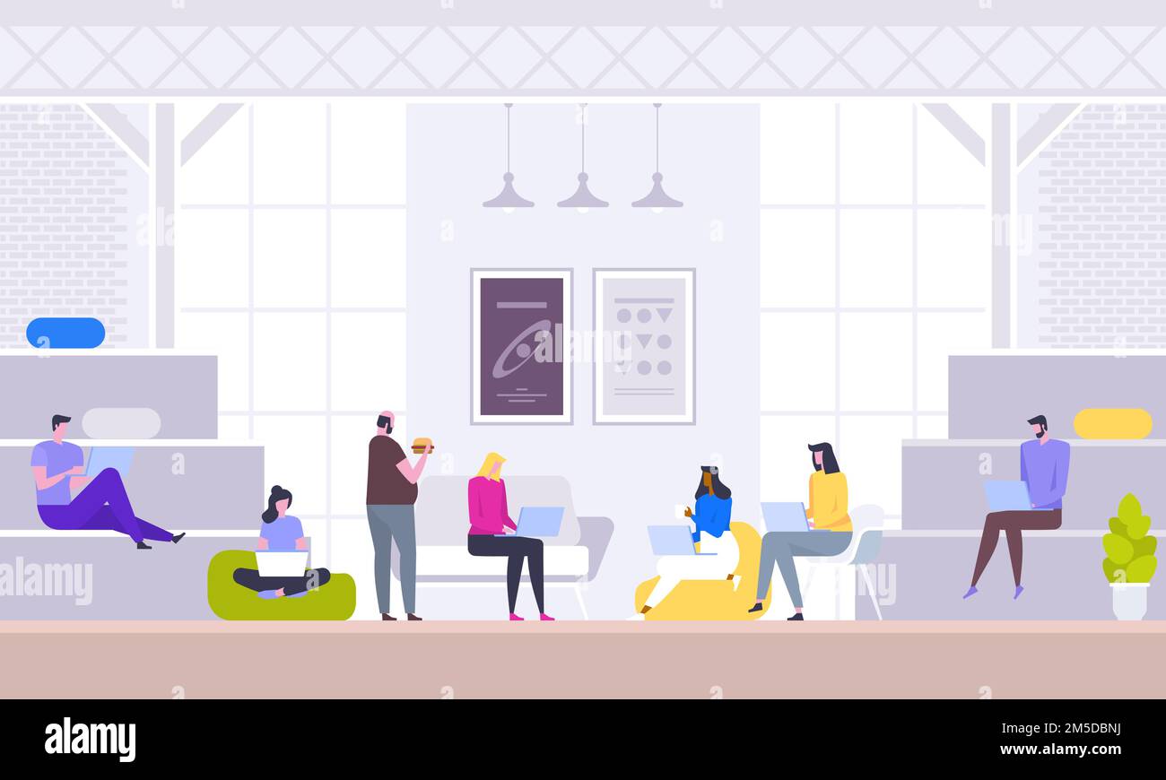Geschäftstreffen, Verhandlungen, Brainstorming. Selbstbewusstes und erfolgreiches Team. Eine Gruppe junger, moderner Menschen, die über Geschäfte diskutieren, während sie im Kaff sitzen Stock Vektor