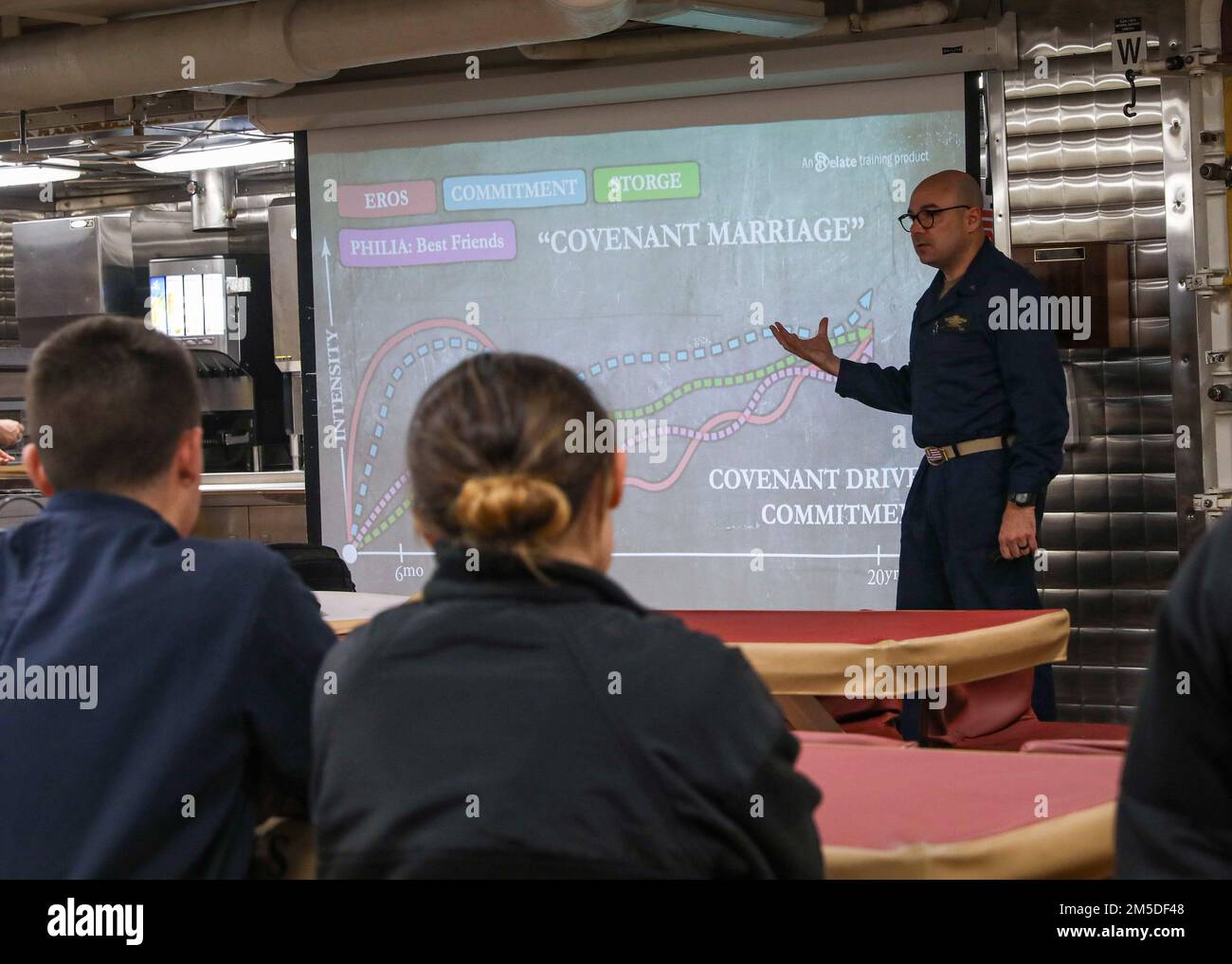 ATLANTIK (4. März 2022) – Leutnant Milo Curtis, der Schiffskaplan, leitet ein Seminar über persönliche Beziehungen auf den Messdecks an Bord der Arleigh-Burke-Klasse-Guided-Missile Destroyer USS Porter (DDG 78), 4. März 2022. Porter, nach Rota, Spanien, ist derzeit in den USA im Einsatz Sechster Einsatzbereich der Flotte zur Unterstützung regionaler Verbündeter und Partner sowie nationaler Sicherheitsinteressen der USA in Europa und Afrika. Stockfoto