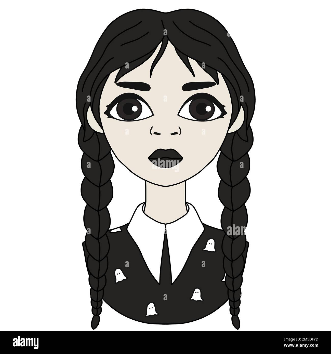 Rasterbild eines Goth-Schulmädchens. Mittwochkonzept. Digitale Illustration eines schwarzen Haarmädchens mit Zöpfen, das schwarze Kleidung auf weißem Hintergrund trägt. Stockfoto