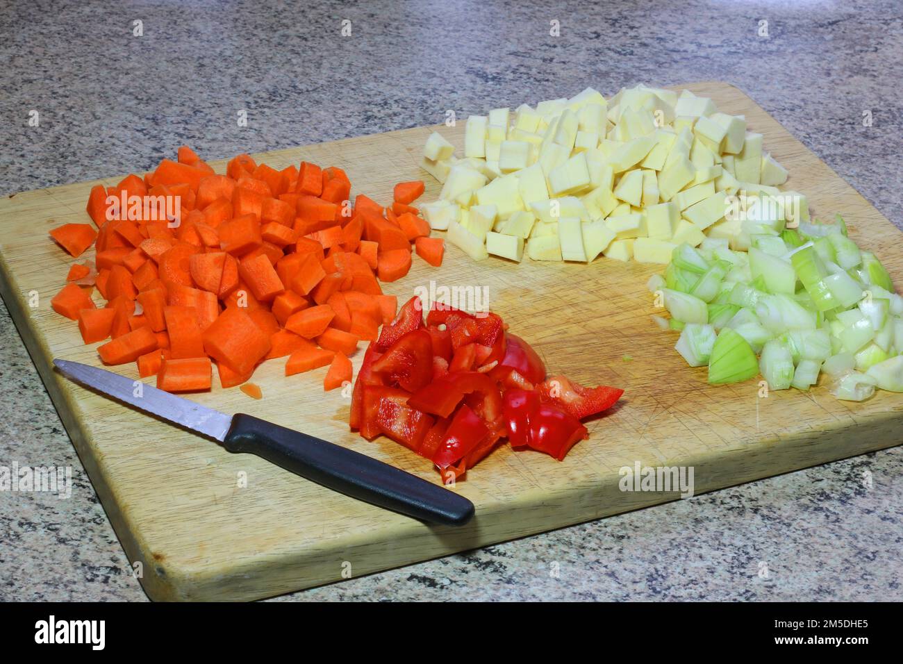 Gehacktes Gemüse auf einem Holzbrett, das in einer Suppenmaschine verwendet werden kann. Karotten, Zwiebeln, Paprika und Pastinaken. Stockfoto