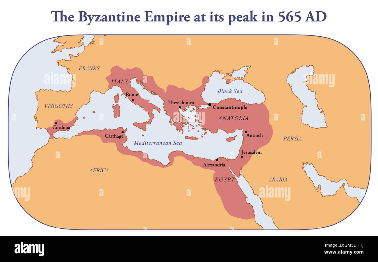 Karte des byzantinischen Reiches in seiner größten Ausdehnung im Jahre 565 n. Chr Stockfoto