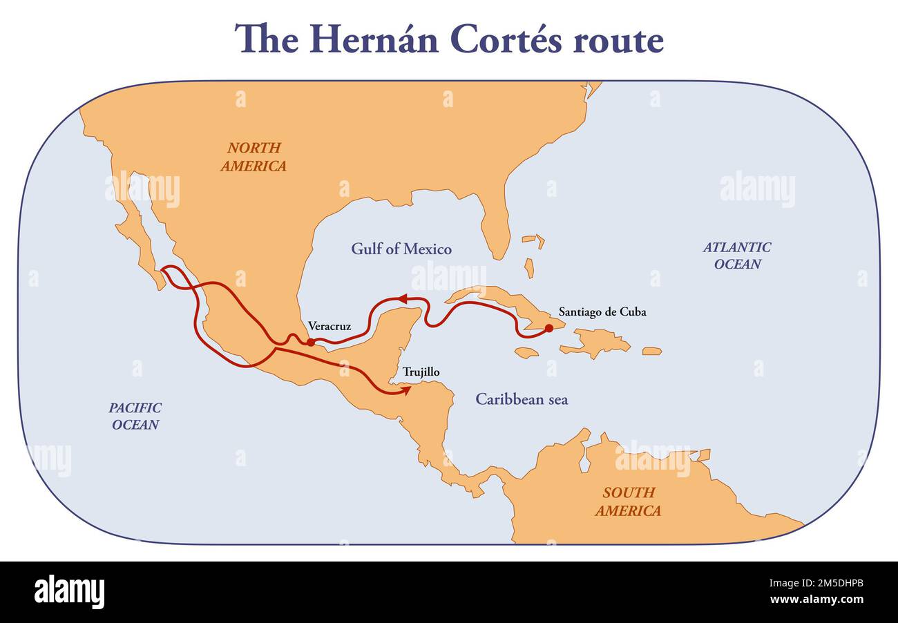 Karte mit der Route der Erkundung von Hernan Cortes in Mittelamerika Stockfoto