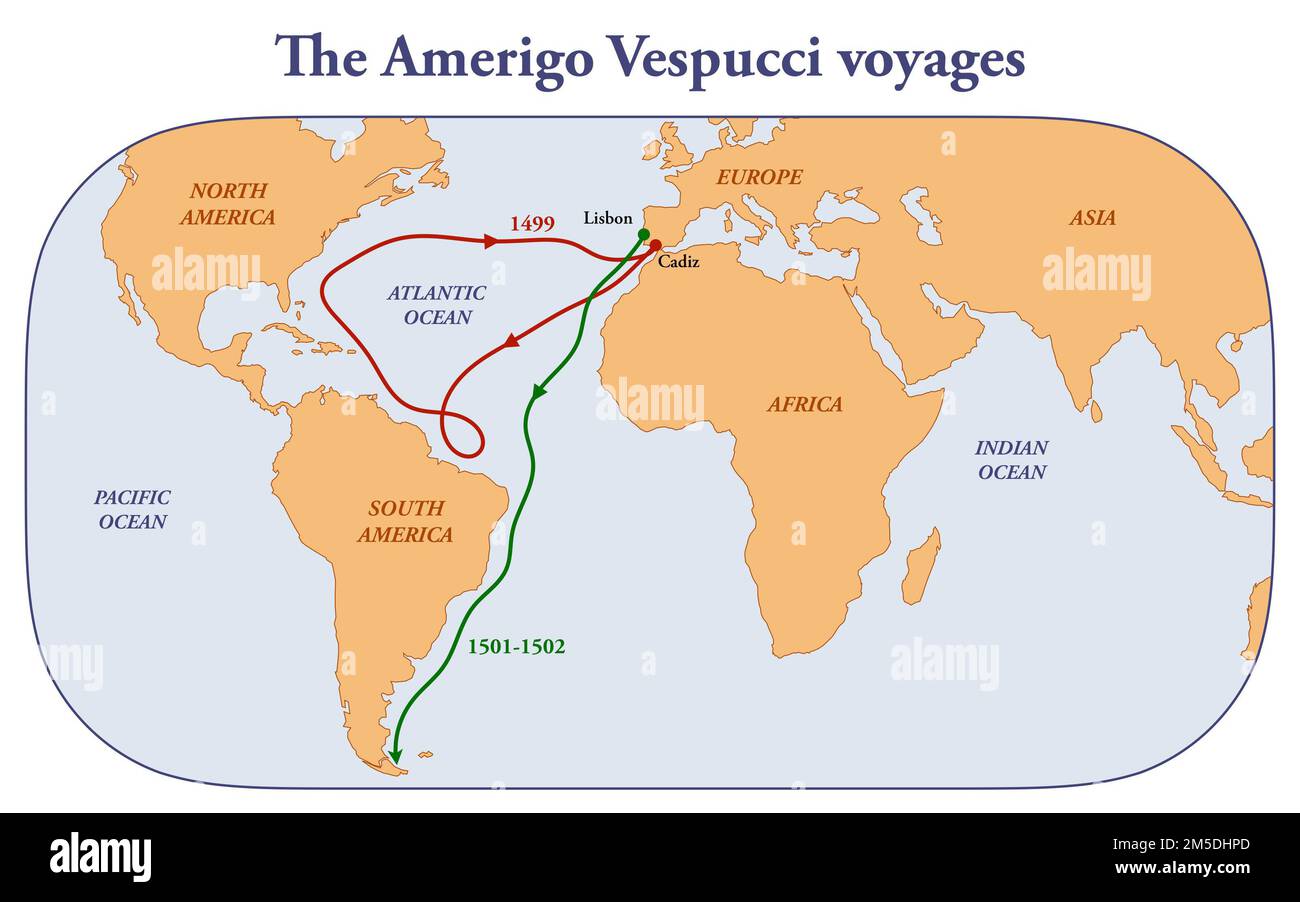 Die Route von Amerigo Vespucci zur Erkundung der Neuen Welt Stockfotografie  - Alamy
