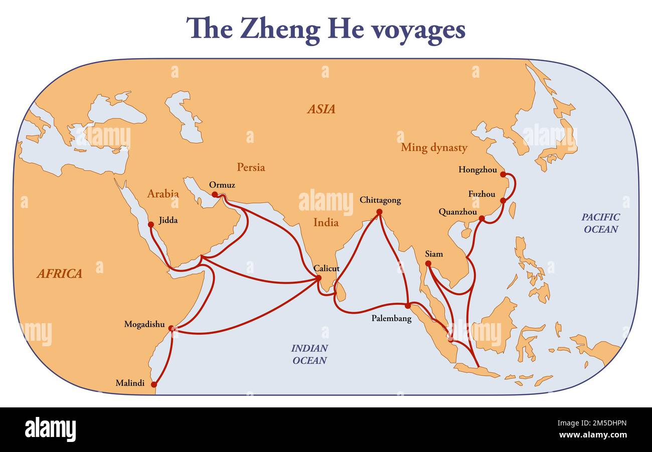 Karte der Reisen des chinesischen Entdeckers Zheng He Stockfoto