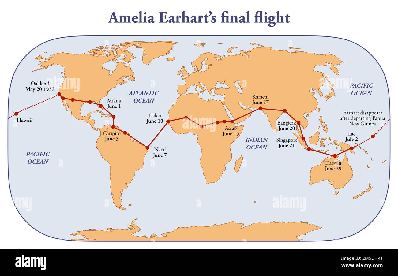 Streckenkarte von Amelia Earharts letztem Flug Stockfoto