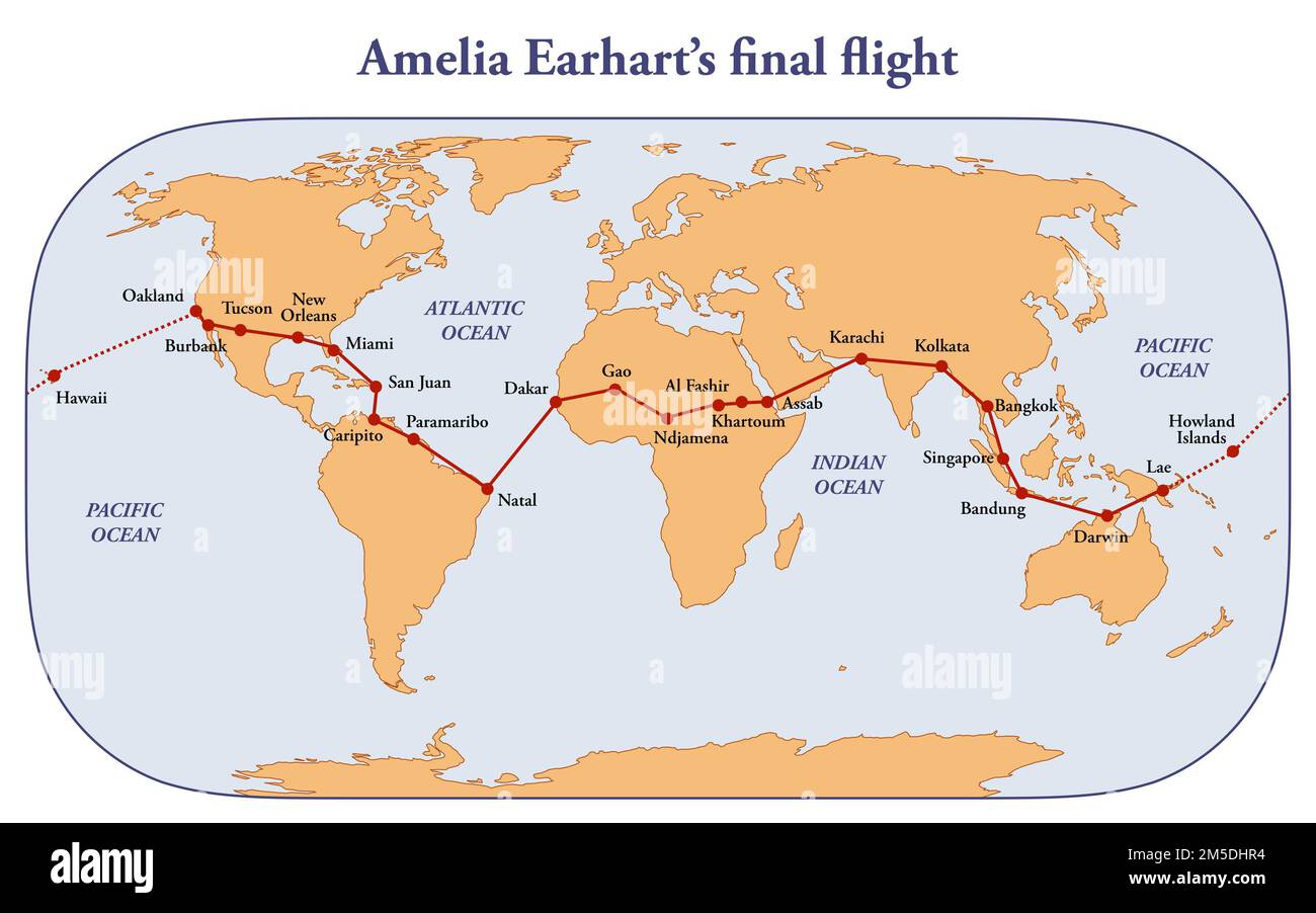 Streckenkarte von Amelia Earharts letztem Flug Stockfoto