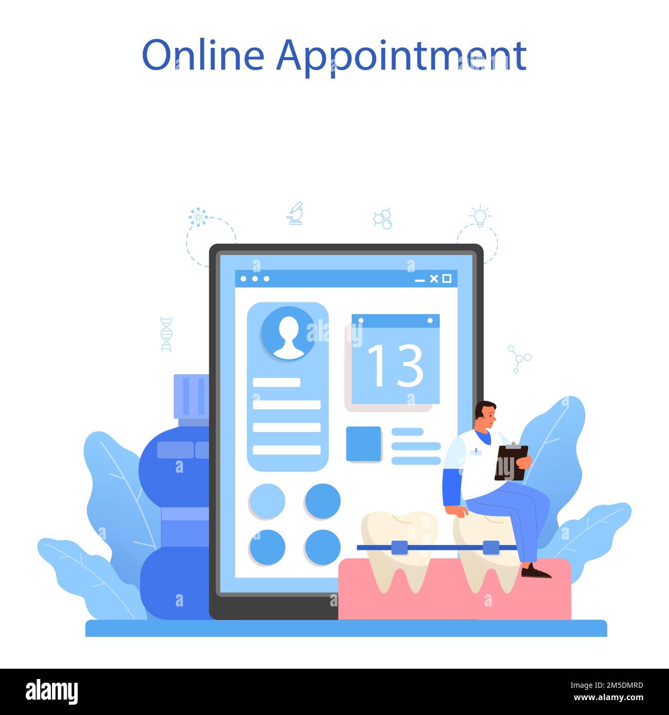 Zahnarzt-Online-Service oder -Plattform. Der Zahnarzt in der Uniform zur Behandlung menschlicher Zähne. Gedanken zur Zahn- und Mundhygiene. Online-Terminvereinbarung. Flacher Vektor il Stock Vektor