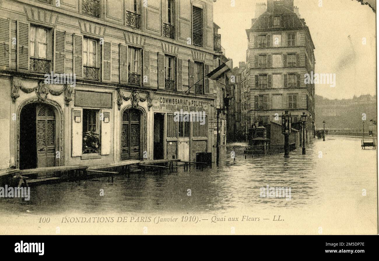 Überschwemmung in Paris 1910 - Inondations de Paris en janvier 1910 - crue de la seine - Quai aux Fleurs Stockfoto