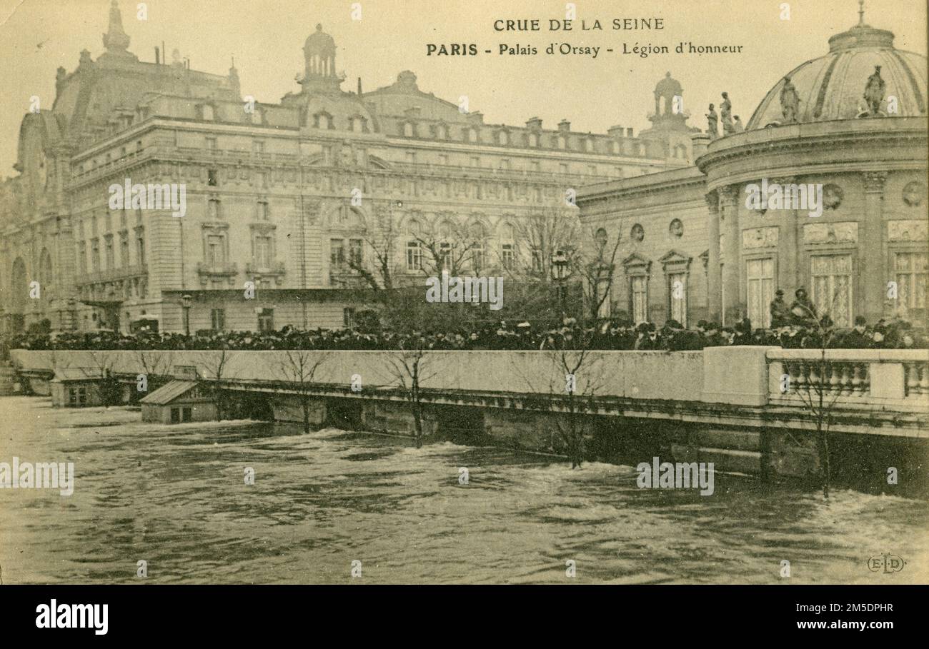 Hochwasser in Paris 1910 - Inondations de Paris en janvier 1910 - crue de la seine - Palais d'Orsay - Légion d'Honneur Stockfoto