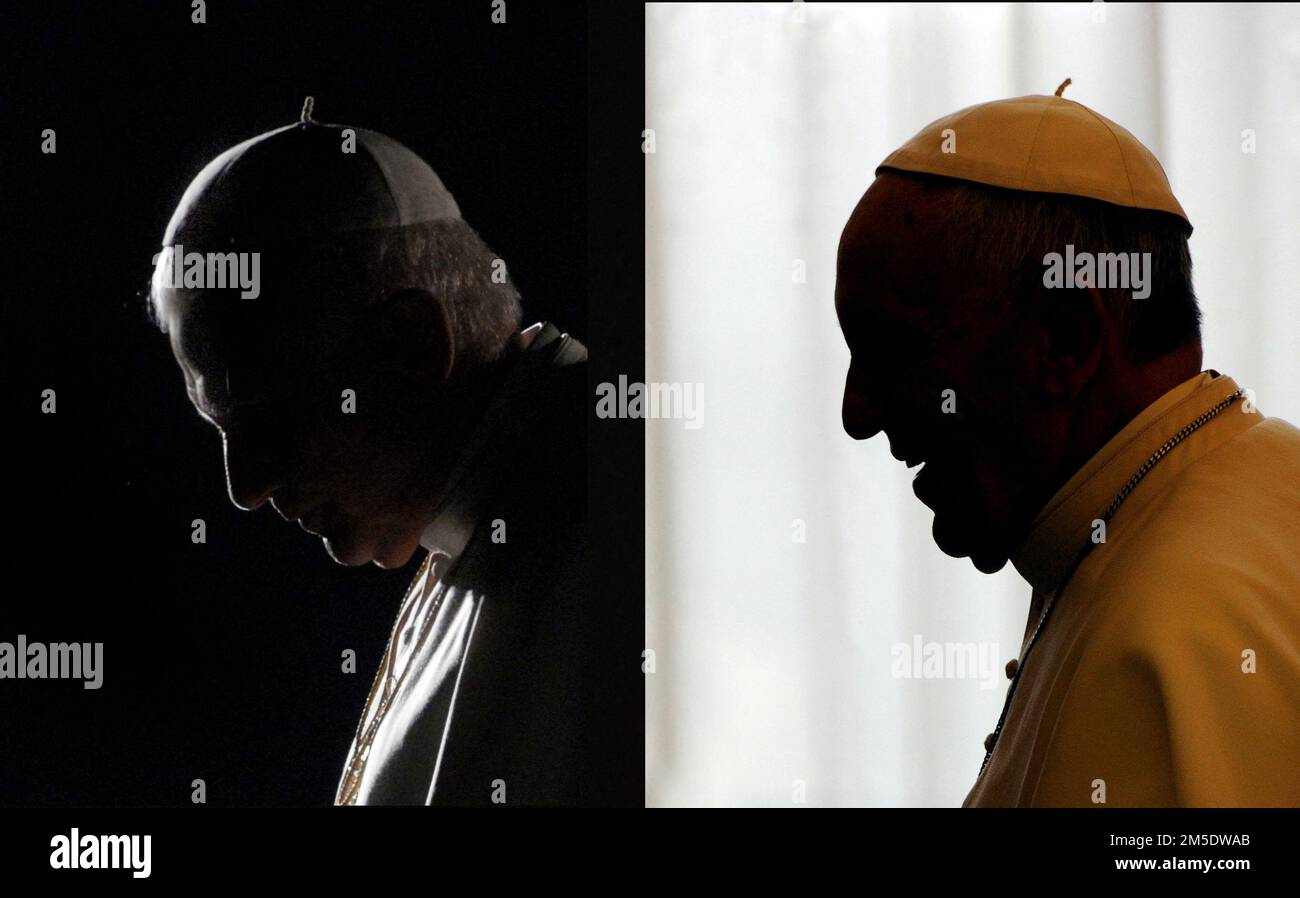 Eine Kombination von Fotos zeigt: Links, Papst Benedikt XVI während der Prozession der Via Crucis im Kolosseum in Rom, Italien am 6. April 2007 und rechts, Papst Franziskus in der privaten Bibliothek im Vatikan am 22. November 2013. Vor einem Jahr trat Benedict XVI zurück und Francis wurde zum Papst gewählt (am 13. März 2013), was den Beginn einer beispiellosen Kohabitation markiert: Ein pensionierter Pontifex, der neben einem regierenden Pontifex lebt. - Papst Franziskus hat Gebete für den ehemaligen Papst Benedikt XVI. Eingeholt. Er sagt, er sei sehr krank. Francis hat am Mittwoch, den Dezember, am Ende seiner allgemeinen Audienz den überraschenden Appell abgegeben Stockfoto