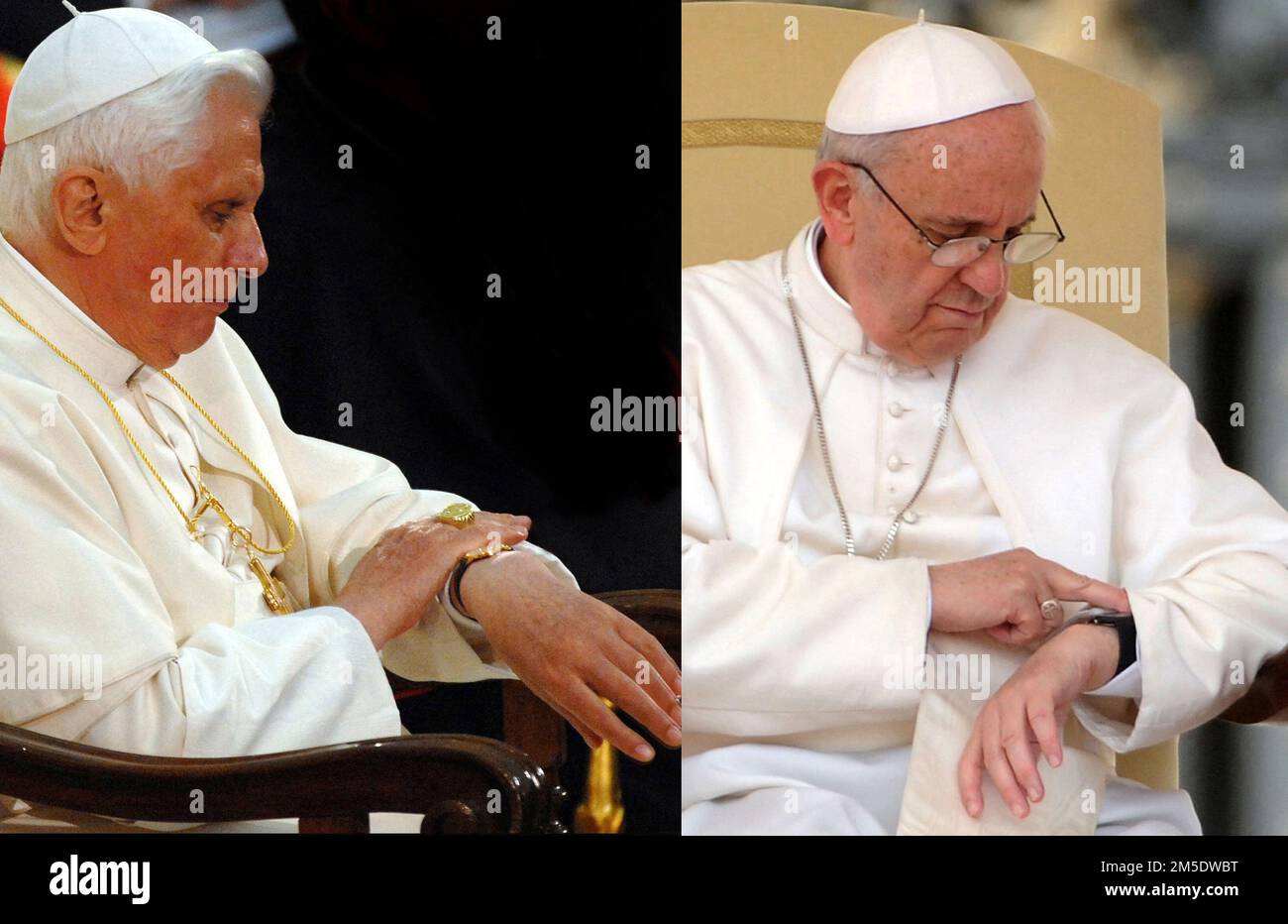 Eine Kombination von Fotos zeigt: Links , Papst Benedikt XVI am 16. April 2007 und Papst Franziskus am 1. Mai 2013, die sich ihre Uhr im Vatikan ansehen. Vor einem Jahr trat Benedict XVI zurück und Francis wurde zum Papst gewählt (am 13. März 2013), was den Beginn einer beispiellosen Kohabitation markiert: Ein pensionierter Pontifex, der neben einem regierenden Pontifex lebt. - Papst Franziskus hat Gebete für den ehemaligen Papst Benedikt XVI. Eingeholt. Er sagt, er sei sehr krank. Francis hat am Mittwoch, den 28. Dezember 2022, am Ende seiner allgemeinen Audienz den Überraschungsappell abgegeben. Der Vatikan sagte später, dass sich die Gesundheit des Papstes Emeritus in re „verschlechtert“ habe Stockfoto