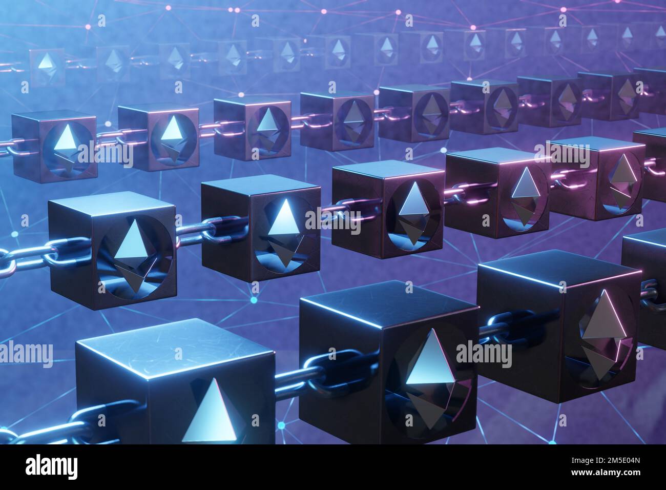 Ethereum-Symbol in Metallketten auf leuchtendem Netzhintergrund. Der Begriff der Blockkette und die Popularität der Kryptowährung athereum Stockfoto