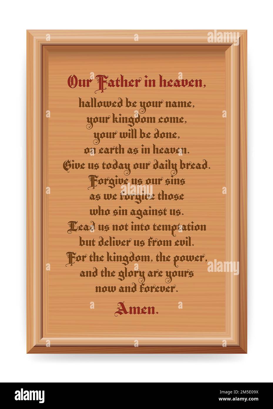 Lords Gebete, unser Vater, Pater Noster, geheiligt werde dein Name. Zeitgenössische Version des zentralen christlichen Gebets, geschnitzt in eine Holzrahmenplatte. Stockfoto