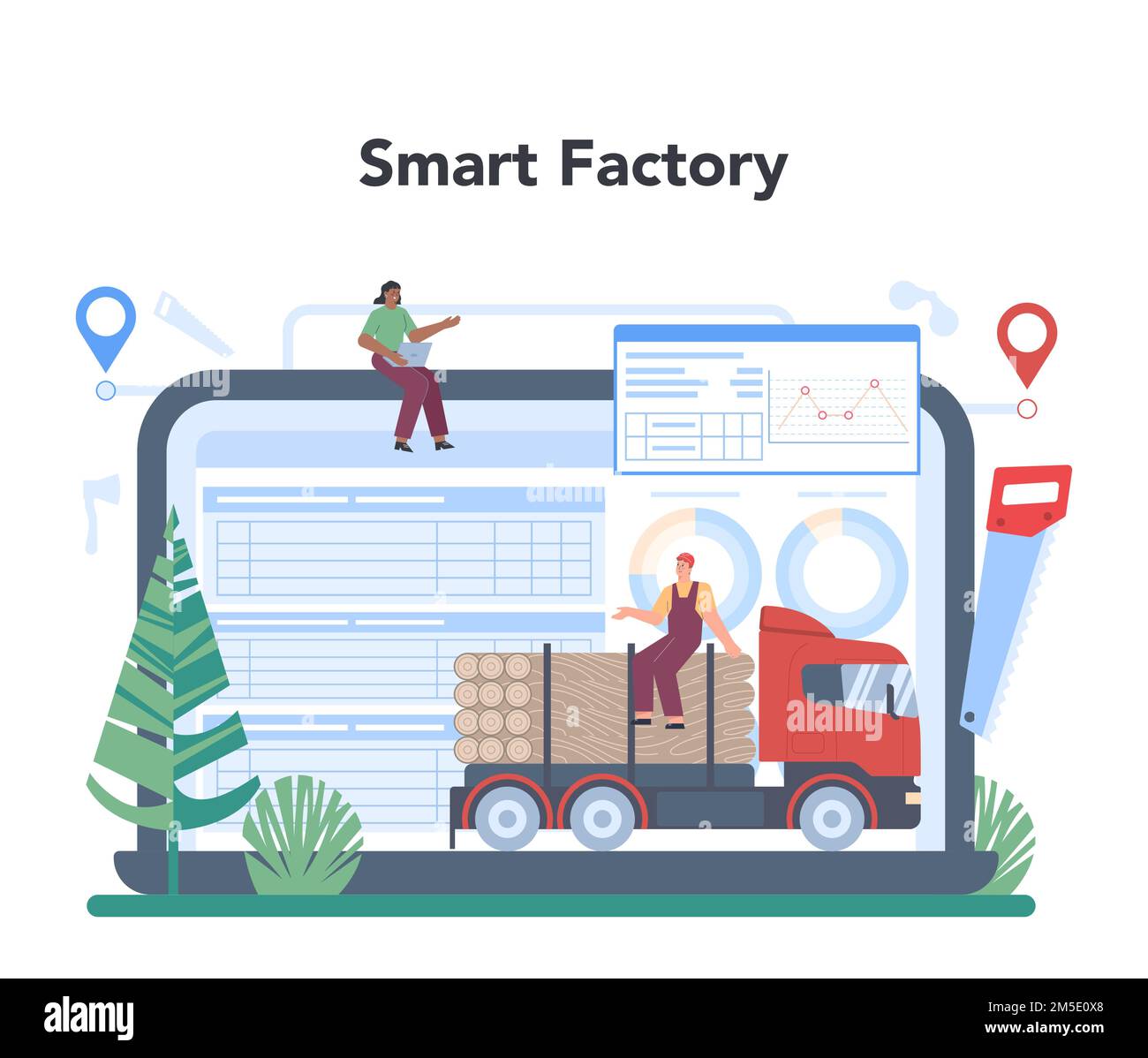Online-Service oder -Plattform für Holzindustrie und Holzproduktion. Holzeinschlag- und Holzbearbeitungsprozess. Forstwirtschaft. Intelligente Online-Fabrik. Isoliert f Stock Vektor